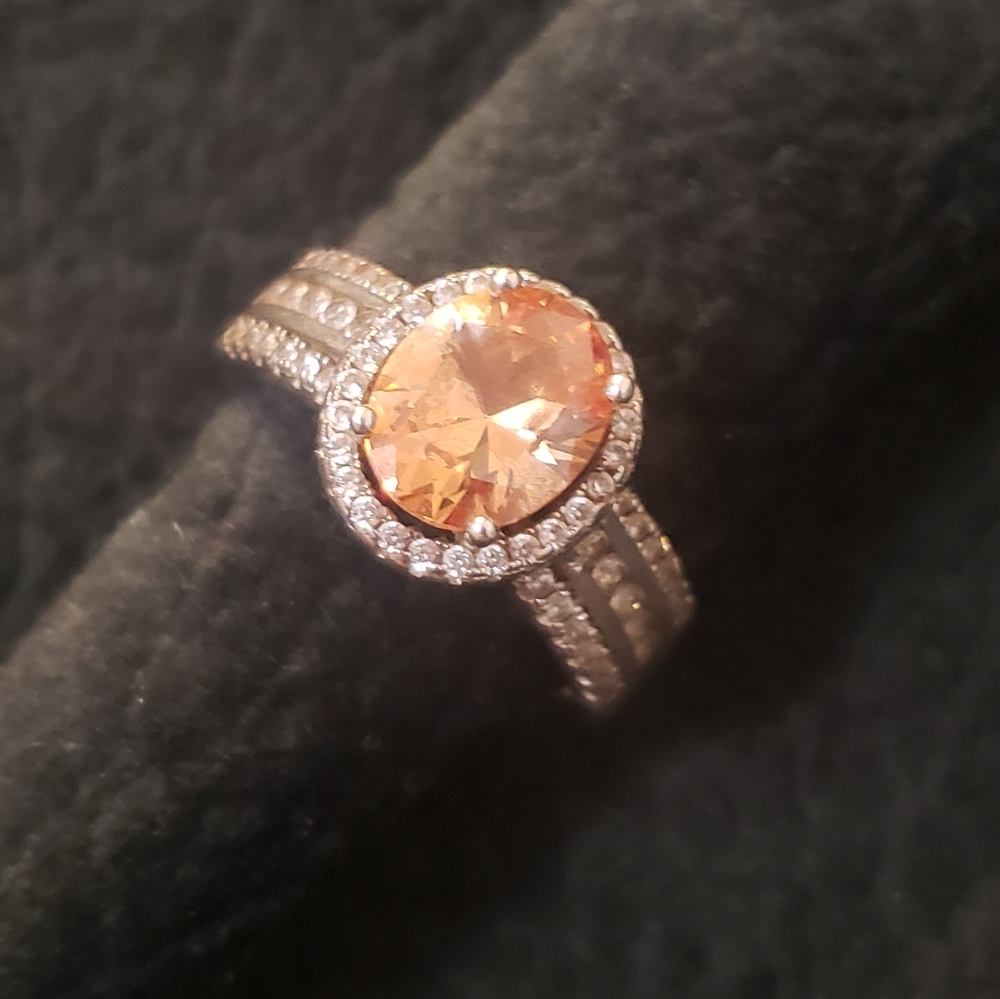 Champagne & White Diamond Simulants Rhodium over Sterling Silver Ring